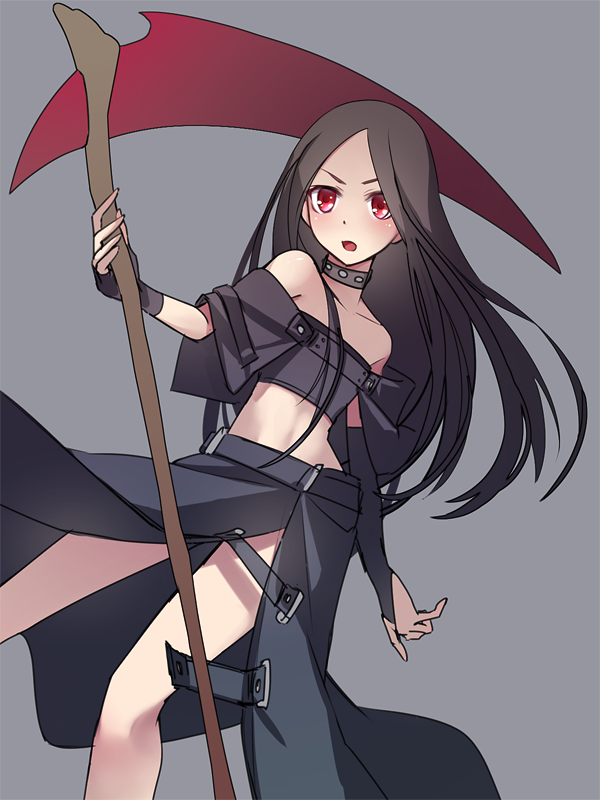 1boy bare_shoulders black_clothes black_hair black_skirt fingerless_gloves gloves guilty_gear guilty_gear_xx long_hair midriff red_eyes scythe sei_(luxuria) skirt testament_(guilty_gear) thigh_strap