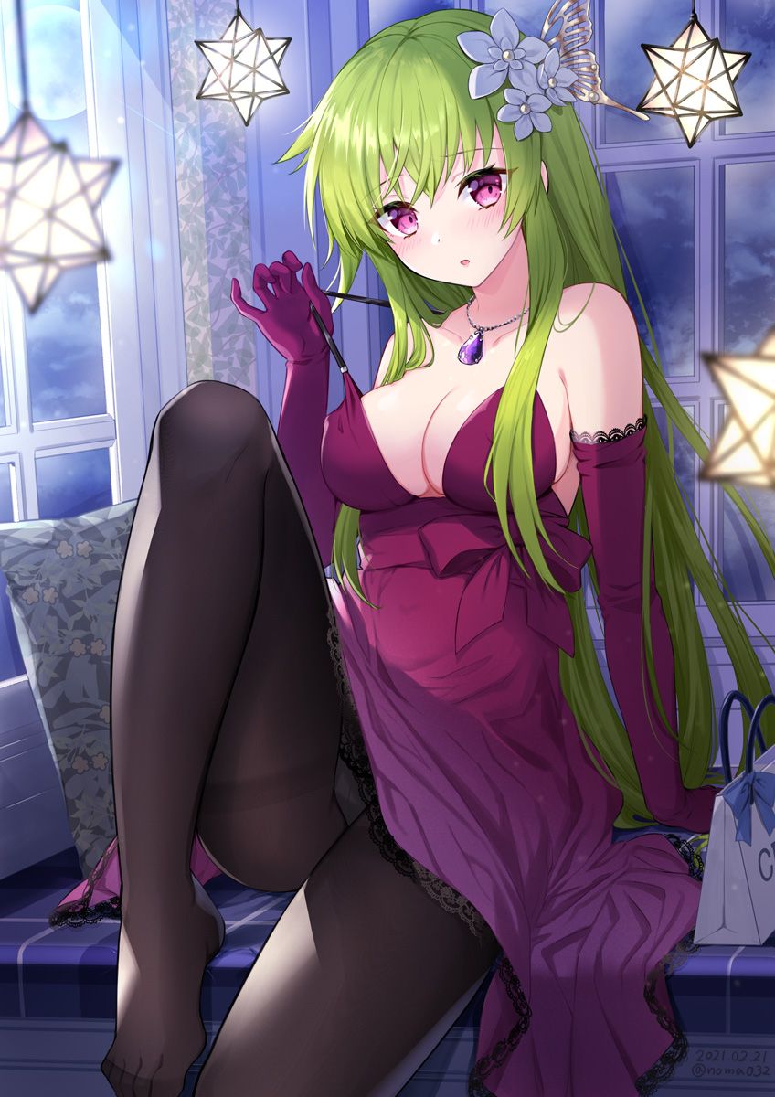 1girl bag bed bent_over black_legwear black_panties blush bobbles breasts choker curtains dress dress_pull flower green_hair hair_flower hair_ornament hairclip hairpin highres jewelry long_hair looking_at_viewer moe2021 mouth necklace noma_(kifyz23) on_bed open_mouth original panties pantyhose pillow red_dress red_eyes sitting sitting_on_bed solo star_(symbol) suspension underwear white_bag window