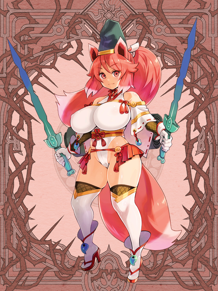 1girl animal_ears breasts dairoku_youhei dual_wielding expressionless eyebrows_visible_through_hair fox_ears fox_girl fox_tail full_body gloves hat high_heels high_ponytail holding holding_sword holding_weapon huge_breasts long_hair looking_at_viewer magatama multicolored_hair official_art pink_eyes pink_hair ryoji_(nomura_ryouji) solo standing sword tail thigh-highs thorns two-tone_hair weapon white_hair