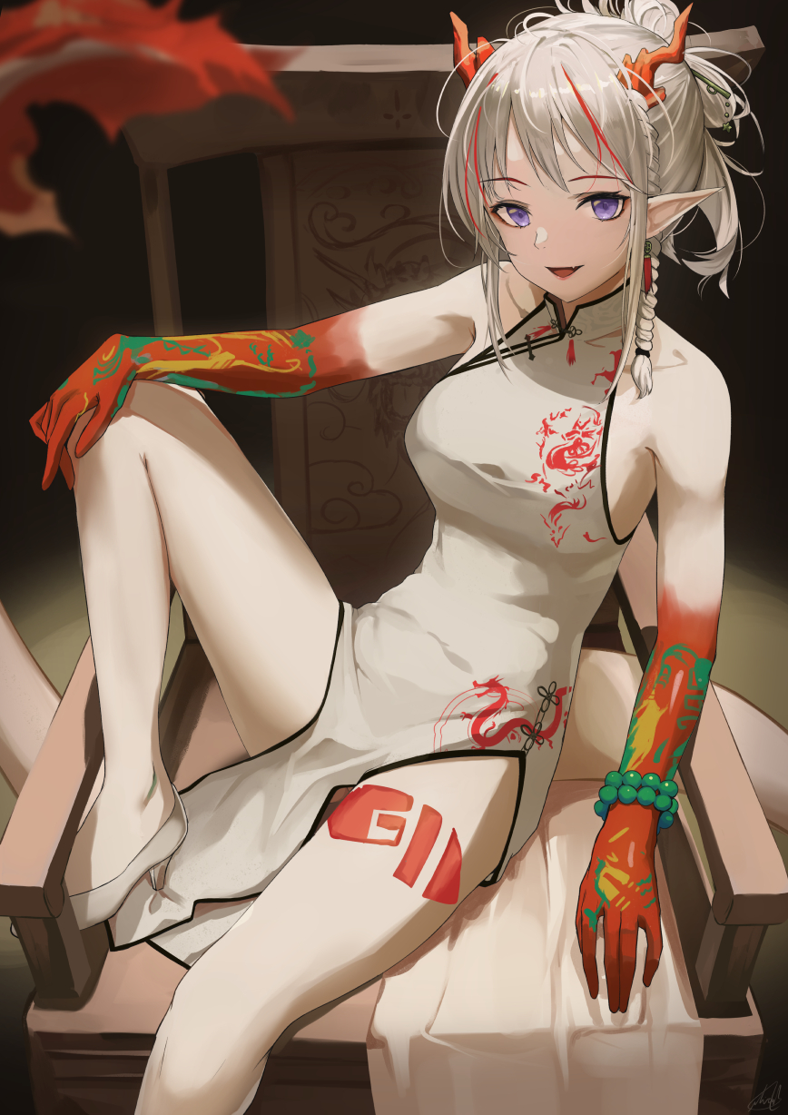 1girl :d arknights bare_arms bare_legs bare_shoulders bead_bracelet beads bracelet braid breasts china_dress chinese_clothes dragon_horns dress fang hair_ornament hairpin highres horns jewelry knee_up long_hair looking_at_viewer medium_breasts multicolored_hair nev_(nevblindarts) nian_(arknights) nian_(unfettered_freedom)_(arknights) no_socks open_mouth pelvic_curtain pointy_ears ponytail print_dress sidelocks sitting sleeveless sleeveless_dress smile solo streaked_hair tail thigh_tattoo thighs violet_eyes white_dress white_footwear white_hair