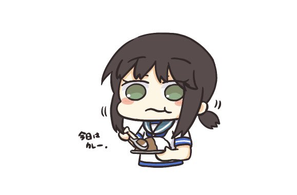 1girl black_hair blue_sailor_collar chibi commentary_request cropped_torso curry eating food fubuki_(kancolle) green_eyes kantai_collection karin. low_ponytail ponytail sailor_collar school_uniform serafuku short_ponytail sidelocks simple_background solo translation_request white_background