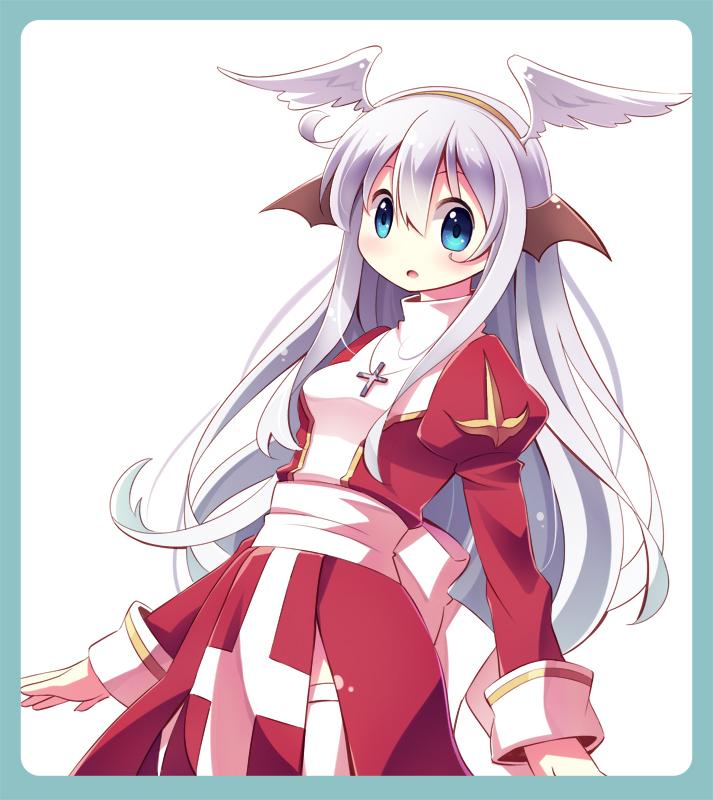 1girl :o bangs bat_wings blue_border blue_eyes blush border bow commentary_request cowboy_shot cross doridori dress eyes_visible_through_hair fake_wings hair_between_eyes hairband head_wings high_priest_(ragnarok_online) juliet_sleeves long_hair long_sleeves looking_at_viewer open_mouth puffy_sleeves ragnarok_online red_dress sash simple_background solo thigh-highs two-tone_dress white_background white_bow white_dress white_hair white_legwear white_sash white_wings wings yellow_hairband
