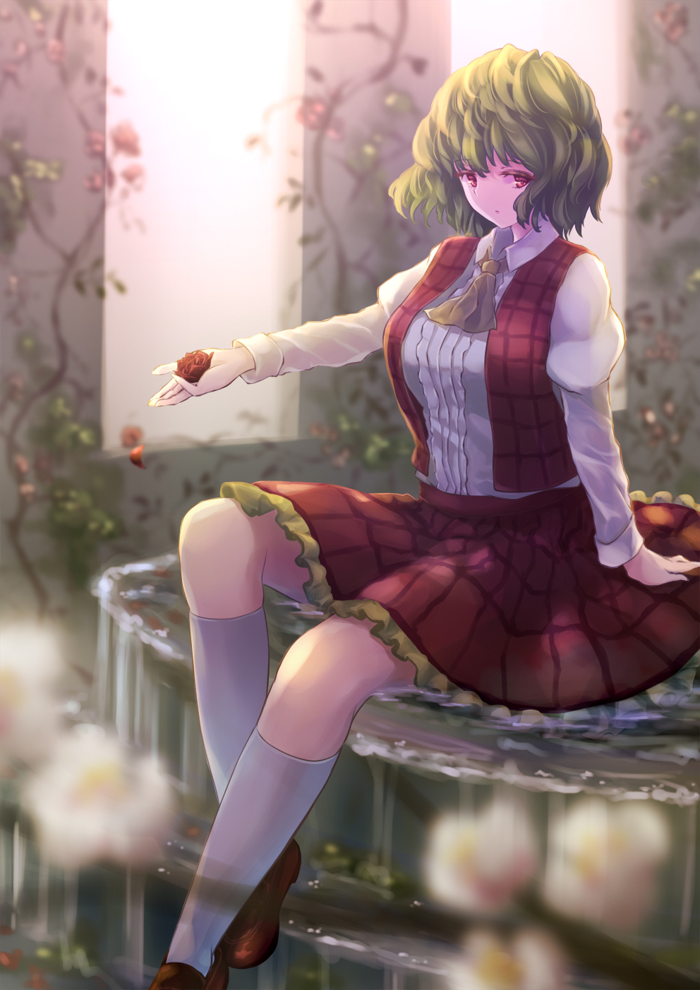 1girl :o arm_support ascot bangs blurry blurry_background blurry_foreground breasts center_frills cherry_blossoms commentary_request depth_of_field eyebrows_visible_through_hair falling_petals flower foot_out_of_frame frills green_hair highres holding holding_flower juliet_sleeves kazami_yuuka kneehighs large_breasts long_sleeves looking_to_the_side outstretched_arm petals petticoat plaid plaid_skirt plaid_vest plant puffy_sleeves red_eyes red_flower red_footwear red_rose red_skirt red_vest rose shirt short_hair sitting skirt skirt_set solo totolarc touhou vest vines wall water white_flower white_legwear white_shirt window yellow_neckwear