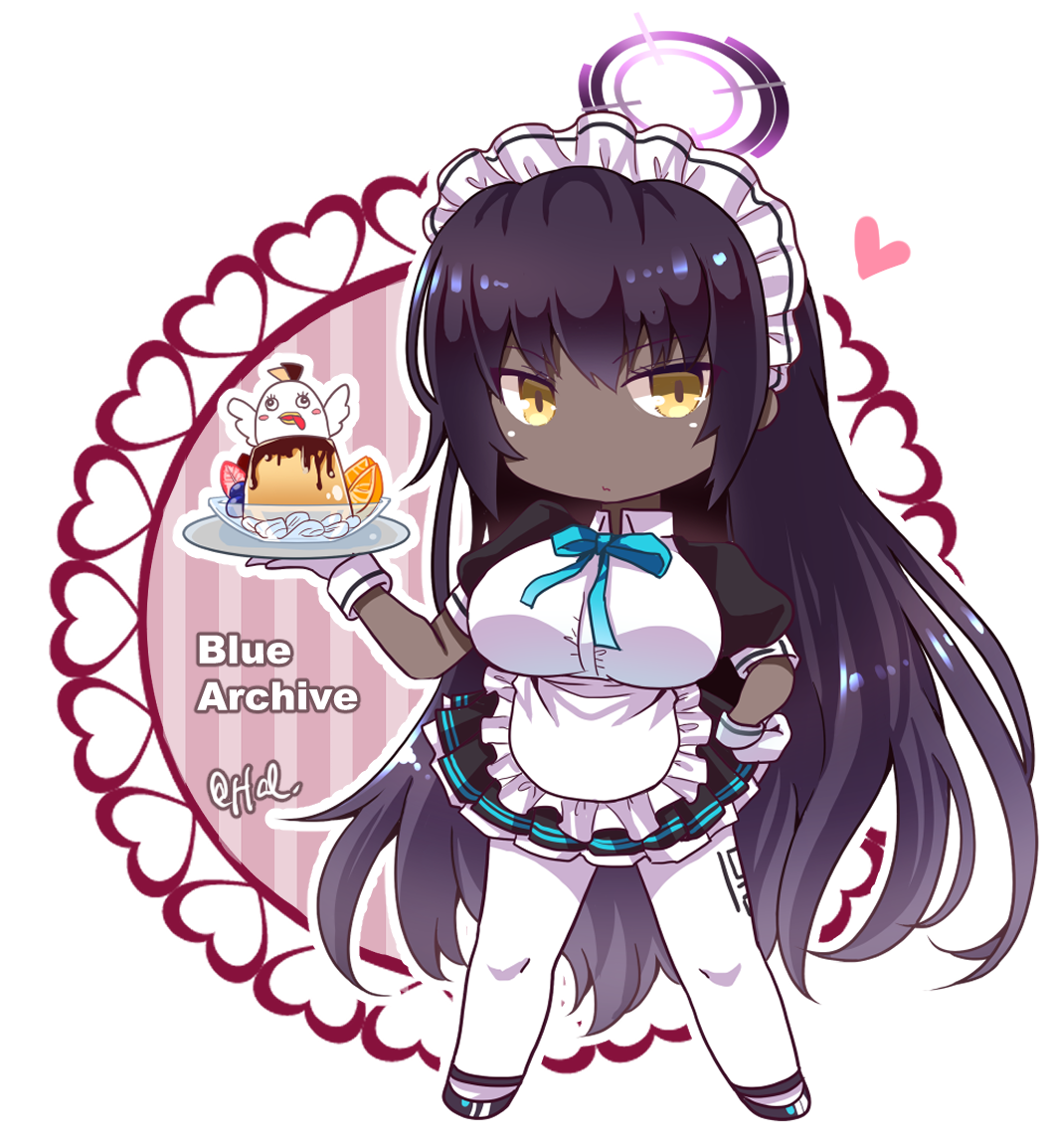 1girl apron black_footwear blue_archive blue_ribbon blueberry breasts chibi closed_mouth copyright_name dark_skin dark-skinned_female dessert food frilled_apron frills fruit full_body hal_(harun) halo hand_on_hip hand_up heart holding holding_tray karin_(blue_archive) large_breasts long_hair looking_at_viewer maid_headdress neck_ribbon orange orange_slice pantyhose petticoat pudding puffy_short_sleeves puffy_sleeves ribbon short_sleeves solo standing strawberry tray very_long_hair white_apron white_legwear yellow_eyes