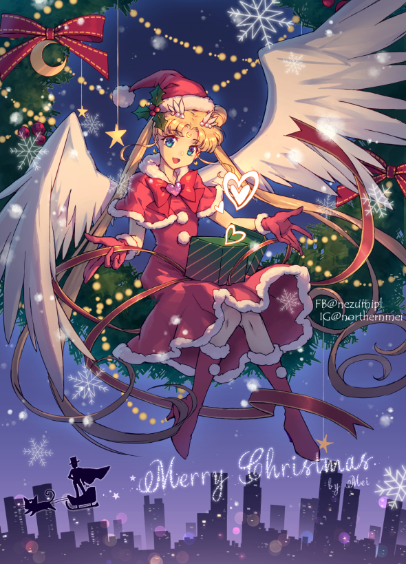 1girl :d absurdly_long_hair alternate_costume bishoujo_senshi_sailor_moon blonde_hair blue_eyes boots box capelet christmas christmas_wreath city_lights cityscape crescent_moon facial_mark feathered_wings forehead_mark full_body fur_trim gloves hair_ornament hairclip hat heart knee_boots long_hair luna_(sailor_moon) merry_christmas moon nezumipl night open_mouth red_capelet red_gloves red_legwear red_ribbon ribbon sailor_moon santa_costume santa_gloves santa_hat silhouette sitting smile solo star_(symbol) tsukino_usagi tuxedo_kamen twintails very_long_hair white_wings wings