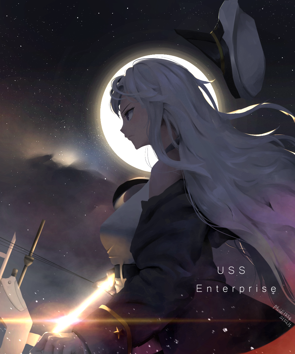 1girl 2021 artist_name azur_lane bare_shoulders black_eyes black_jacket black_neckwear bow_(weapon) character_name energy_arrow enterprise_(azur_lane) full_moon hat highres holding holding_bow_(weapon) holding_weapon jacket long_hair military_hat moon night night_sky off_shoulder peaked_cap ptoidi1224 shirt sky solo upper_body weapon white_hair white_headwear white_shirt