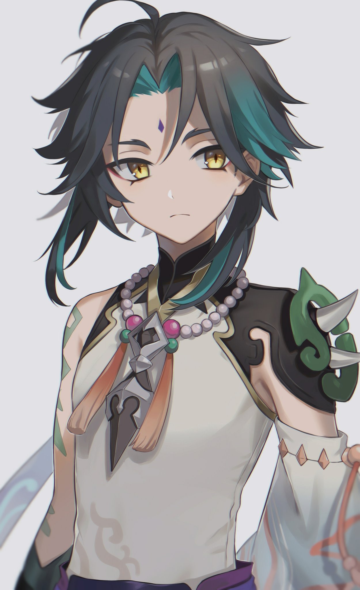 1boy ahoge arm_tattoo armor asymmetrical_clothes bangs bead_necklace beads black_hair closed_mouth detached_sleeves diamond-shaped_pupils diamond_(shape) eyeshadow facial_mark forehead_mark genshin_impact green_hair grey_background highres jewelry looking_at_viewer makeup male_focus multicolored_hair necklace parted_bangs pendant red_eyeshadow short_hair short_hair_with_long_locks shoulder_armor shoulder_pads shoulder_spikes sidelocks simple_background single_bare_shoulder single_detached_sleeve slit_pupils solo spikes symbol-shaped_pupils tassel tattoo two-tone_hair unapyo_00 xiao_(genshin_impact) yellow_eyes