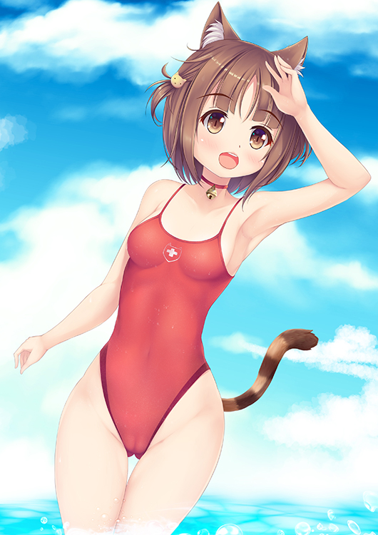 1girl animal_ears ass_visible_through_thighs azuki_(nekopara) blue_sky breasts brown_eyes brown_hair casual_one-piece_swimsuit cat_ears cat_tail clouds cowboy_shot euforia nekopara one-piece_swimsuit open_mouth red_swimsuit short_hair sky small_breasts solo standing swimsuit tail upper_teeth