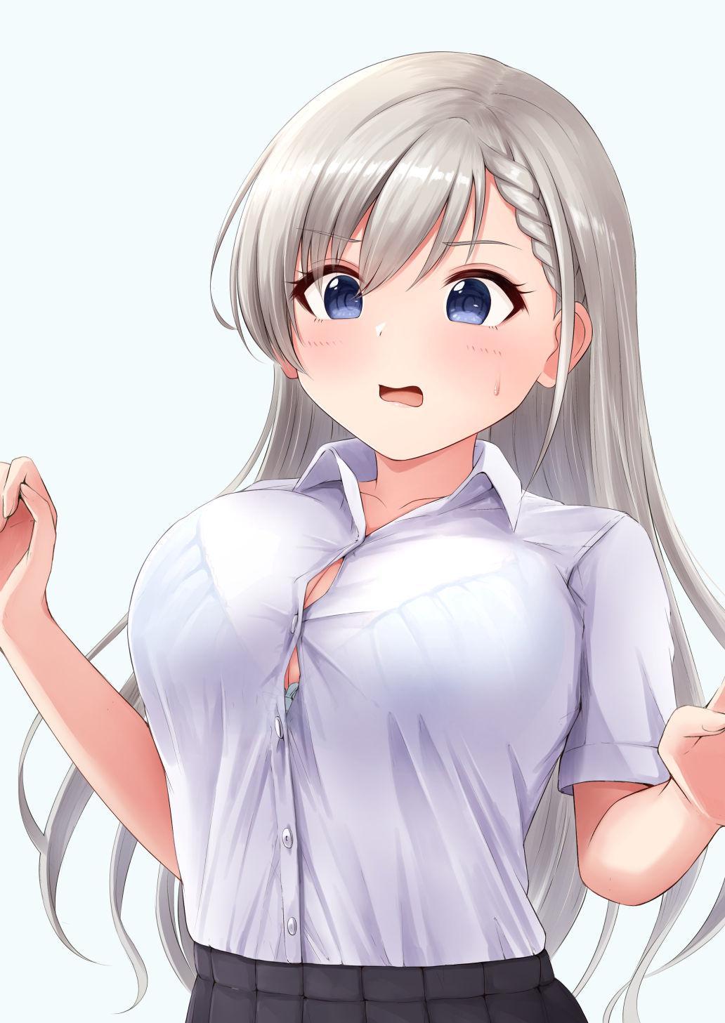 1girl bangs blue_eyes blush bra braid braided_bangs breasts collarbone collared_shirt commentary_request highres hisakawa_hayate idolmaster idolmaster_cinderella_girls idolmaster_cinderella_girls_starlight_stage kata2yama large_breasts long_hair open_mouth oppai_loli school_uniform see-through shirt silver_hair simple_background skirt solo sweatdrop underwear upper_body white_background white_shirt