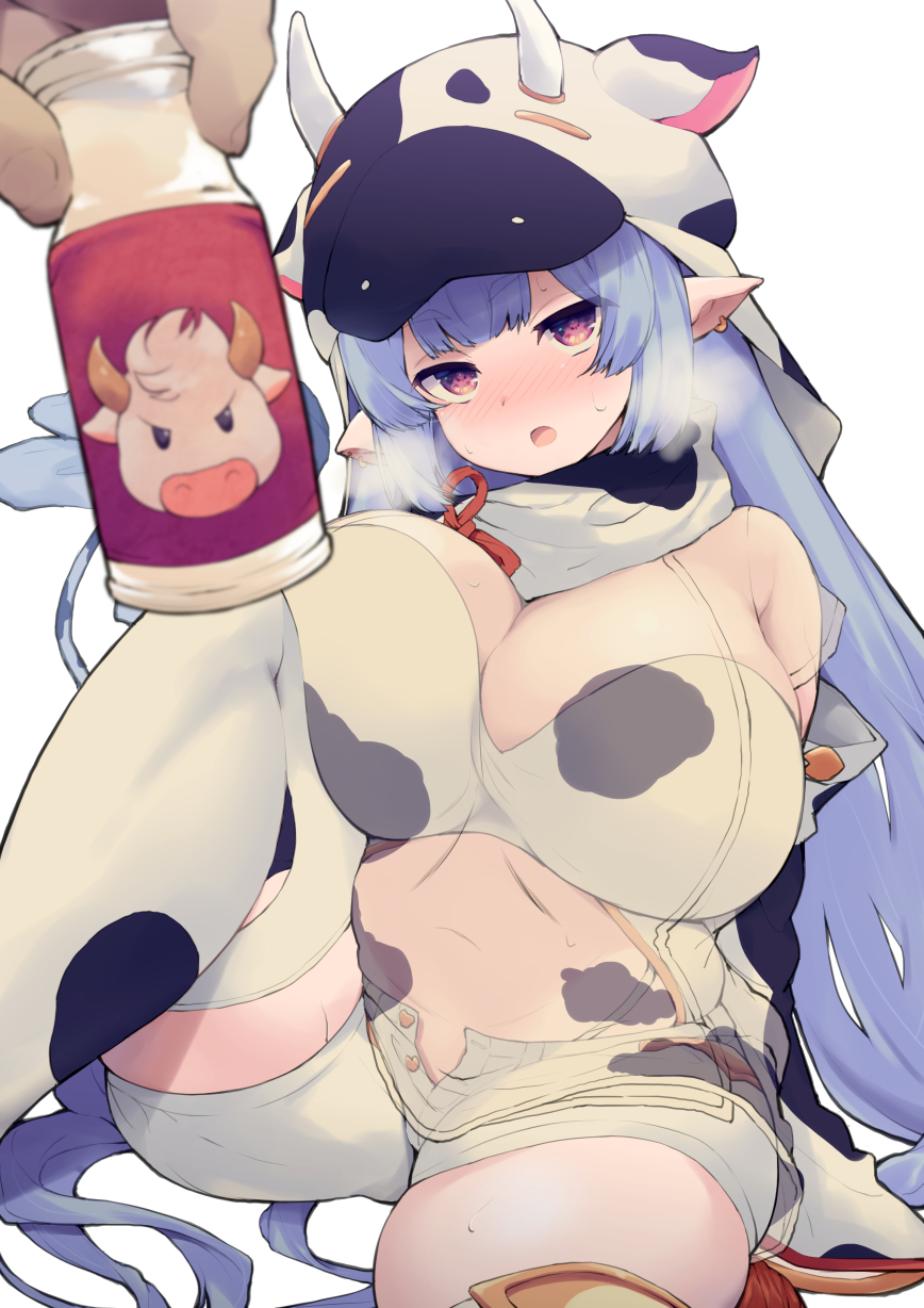 1girl animal_print bangs blue_hair blunt_bangs blush bottle breasts cow_hat cow_horns cow_print detached_sleeves draph earrings eyebrows_visible_through_hair granblue_fantasy highres horns huge_breasts jewelry long_hair looking_at_viewer milk_bottle navel open_mouth pointy_ears print_headwear print_legwear red_eyes shatola_(granblue_fantasy) sheer_clothes shiroie_mika shorts simple_background sitting solo_focus sweat thigh-highs thighs unbuttoned_shorts very_long_hair white_background white_legwear white_shorts