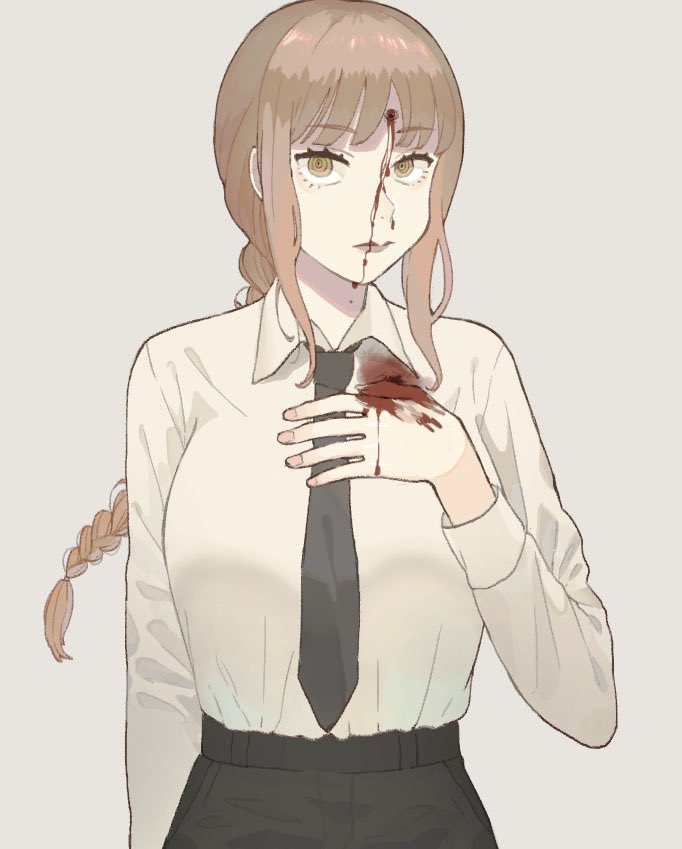 1girl bangs black_neckwear blood blood_on_face bloody_hands braid breasts brown_hair bullet_hole chainsaw_man closed_mouth grey_background hand_on_own_chest lips long_hair long_sleeves looking_at_viewer makima_(chainsaw_man) necktie ringed_eyes shirt sidelocks simple_background single_braid solo sukekiyo_(skky_0) upper_body white_shirt