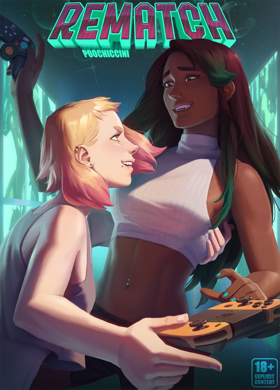 2girls arm_around_back artist_name blonde_hair brown_hair camisole contemporary controller cover cover_page crop_top dark_skin dark-skinned_female doujin_cover ear_piercing fang fingernails furrowed_eyebrows game_controller gamecube_controller gamepad green_eyes green_hair height_difference highres holding holding_controller holding_game_controller humanization joy-con lip_piercing long_hair looking_at_another marina_(splatoon) medium_hair midriff mole mole_under_mouth multicolored_hair multiple_girls nail_polish navel navel_piercing pants parted_lips pearl_(splatoon) piercing pink_hair poochiccini rating sidelocks sleeveless smile splatoon_(series) splatoon_2 stomach title turtleneck two-tone_hair yellow_eyes