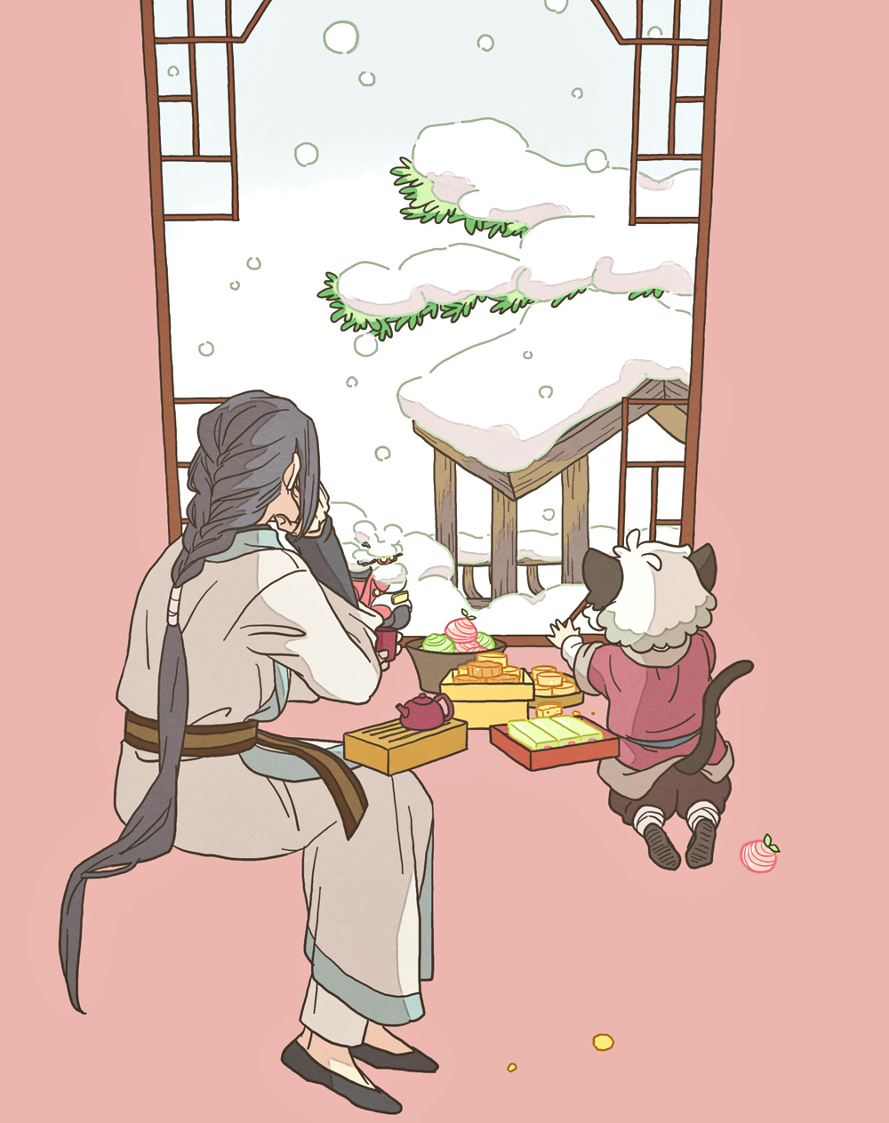 2boys animal_ears black_footwear black_hair braid cat_boy cat_ears cat_tail food highres invisible_chair leaf long_hair long_sleeves luoxiaohei meringue_3 multiple_boys shoes short_hair sitting snow tail the_legend_of_luo_xiaohei very_long_hair white_hair wuxian_(the_legend_of_luoxiaohei)