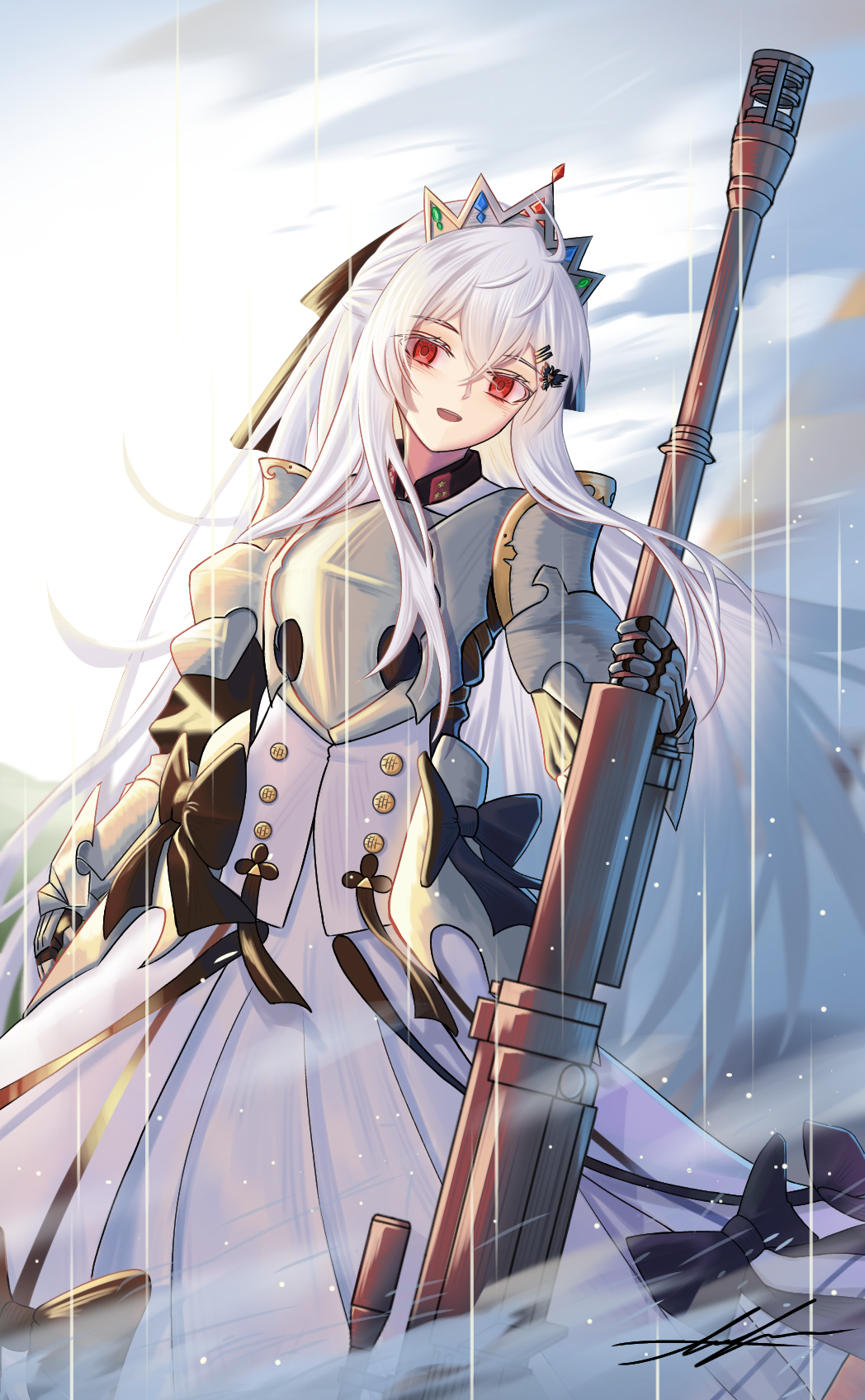 1girl adapted_costume armor armored_dress gauntlets girls_frontline grey_hair highres iws-2000_(girls_frontline) knight long_hair red_eyes solo unitaka very_long_hair white_hair