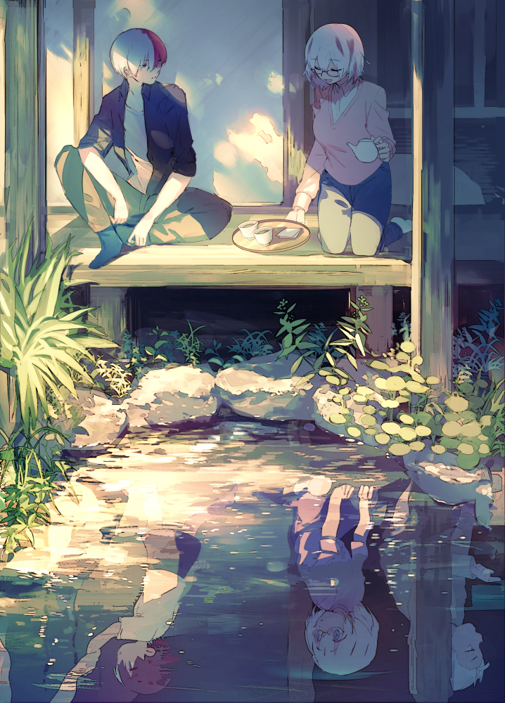 1girl 2boys bangs boku_no_hero_academia closed_eyes collared_shirt cup different_reflection earrings eyebrows_visible_through_hair glasses grass holding holding_hands holding_teapot jacket jewelry looking_at_another looking_to_the_side mebaru multicolored_hair multiple_boys pants pillar pink_sweater plant pond redhead reflection reflective_water shirt siblings sitting socks sweater teacup teapot todoroki_fuyumi todoroki_natsuo todoroki_shouto tray vegetation veranda white_shirt wooden_floor younger
