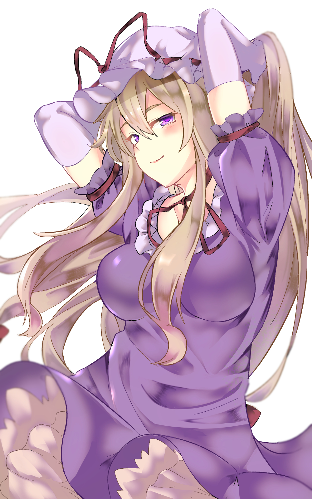 1girl arms_up blonde_hair blush breasts doitsuudon dress elbow_gloves frilled_dress frills gloves hat hat_ribbon highres long_hair looking_at_viewer medium_breasts mob_cap out-of-frame_censoring puffy_short_sleeves puffy_sleeves purple_dress red_ribbon ribbon short_sleeves simple_background smile solo touhou violet_eyes white_background yakumo_yukari