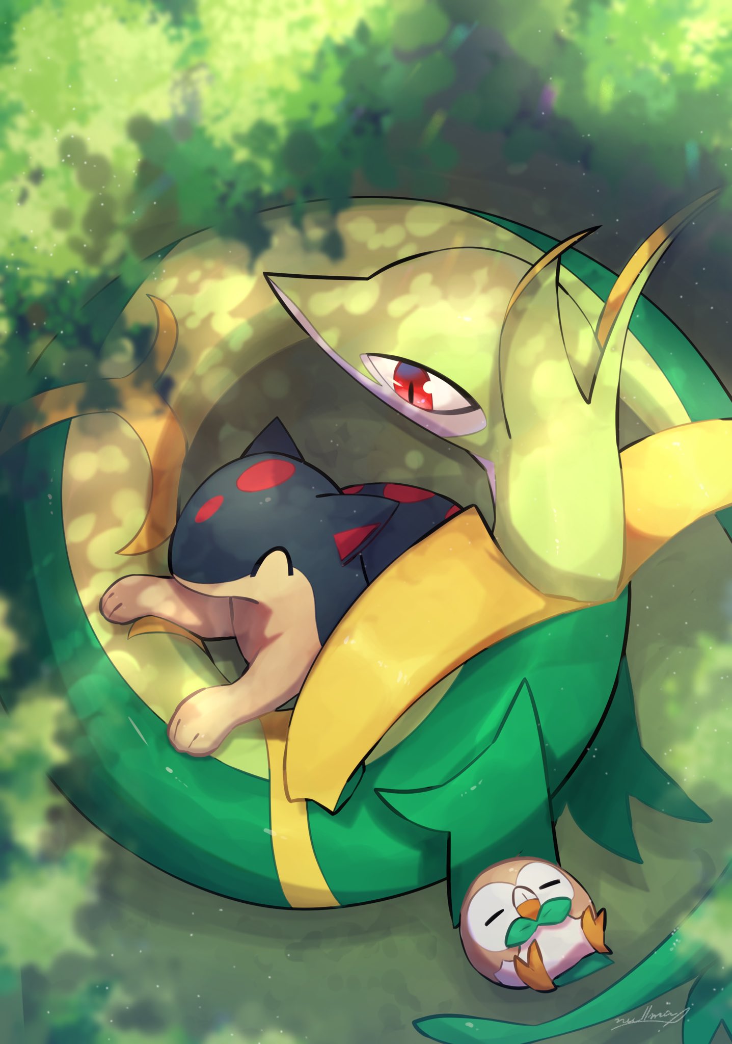 closed_eyes commentary_request day from_above gen_2_pokemon gen_5_pokemon gen_7_pokemon highres lying no_humans nullma on_back outdoors paws pokemon pokemon_(creature) quilava red_eyes rowlet serperior signature sleeping starter_pokemon toes