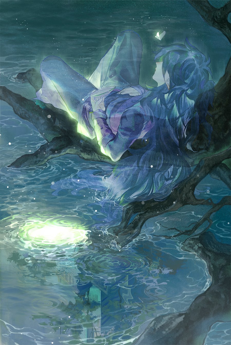 1boy black_hair bug butterfly commentary_request fengxi_(the_legend_of_luoxiaohei) ghost glowing highres holding insect long_hair lying on_back plant profile ripples solo the_legend_of_luo_xiaohei tree water yinzinmiemie