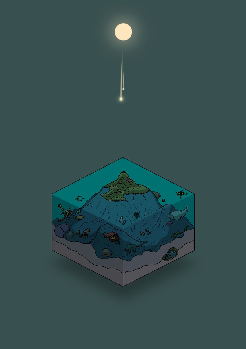 aqua_background commentary diorama fish full_moon gozz highres island isometric moon night no_humans ocean octopus original shell shooting_star squid turtle