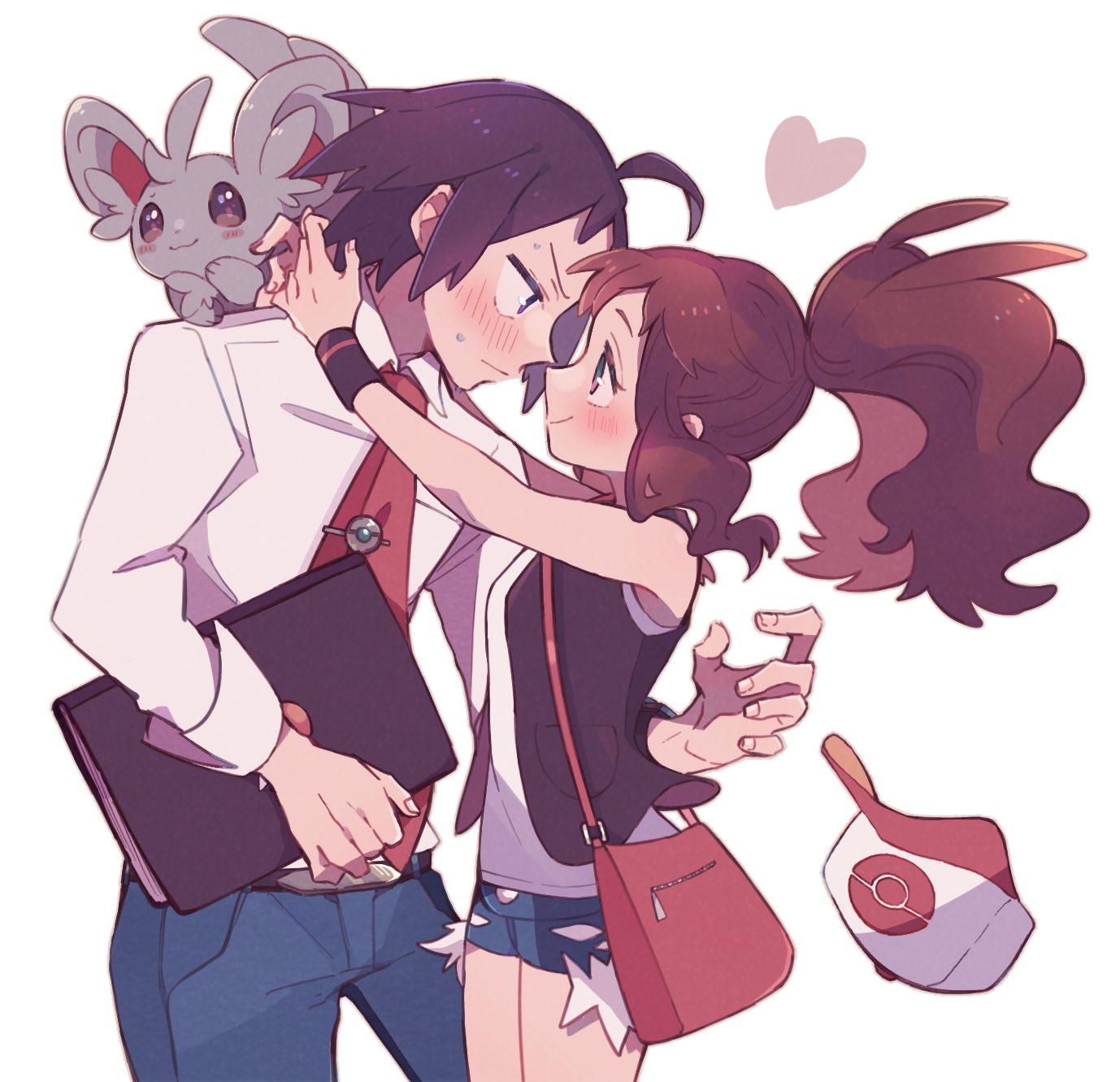 1boy 1girl bag baseball_cap belt blush brown_hair cheren_(pokemon) closed_mouth collared_shirt commentary_request eye_contact eyelashes face-to-face gen_5_pokemon hat hat_removed headwear_removed heart highres hilda_(pokemon) holding long_hair looking_at_another minccino necktie ohds101 pants pokemon pokemon_(creature) pokemon_(game) pokemon_bw pokemon_bw2 ponytail red_neckwear shirt shorts sidelocks smile vest white_shirt wristband