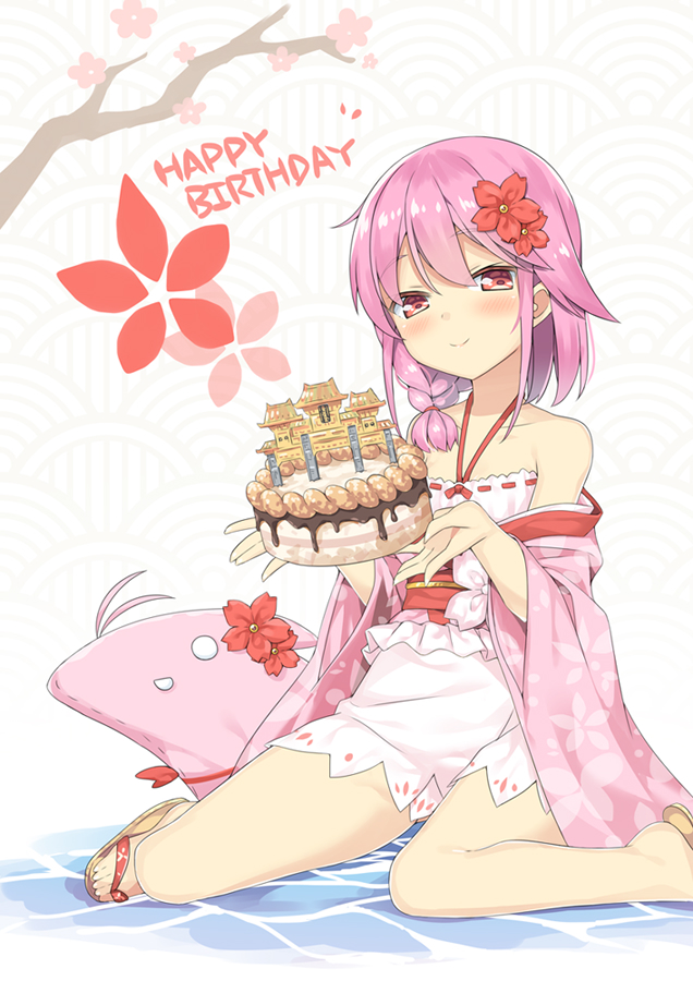 1girl bangs blush braid brown_footwear cake chinese_commentary closed_mouth collarbone commentary_request dress eyebrows_visible_through_hair floral_print flower food hair_between_eyes hair_flower hair_ornament halterneck happy_birthday hatsunatsu holding holding_food japanese_clothes kimono off_shoulder open_clothes open_kimono pink_hair pink_kimono print_kimono red_eyes red_flower ribbon-trimmed_dress sergestid_shrimp_in_tungkang shallow_water sitting smile solo wariza water white_dress xuan_ying zouri