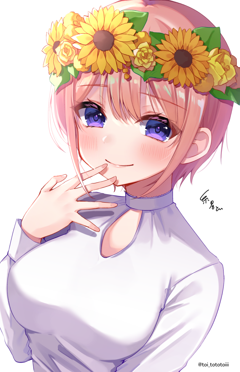 1girl bangs blush breasts closed_mouth commentary_request eyebrows_visible_through_hair flower go-toubun_no_hanayome hair_flower hair_ornament hand_on_own_face hand_up head_wreath highres itoi_toi long_sleeves looking_at_viewer medium_breasts nakano_ichika pink_hair rose shirt short_hair signature simple_background smile solo sunflower_hair_ornament twitter_username upper_body violet_eyes white_background white_shirt yellow_flower yellow_rose
