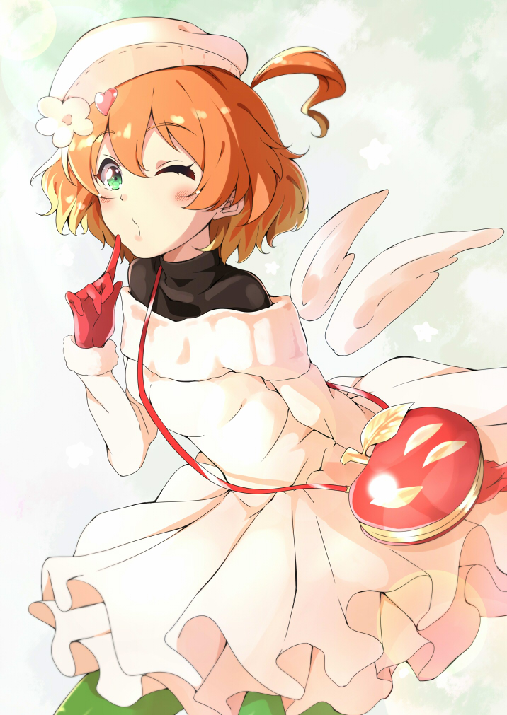 1girl :o alternate_costume bag bangs black_shirt blush detached_wings dress finger_to_mouth flower freyja_wion gloves green_eyes hair_flower hair_ornament handbag hat heart heart_hair_ornament hitotsuki_nanoka macross macross_delta off-shoulder_dress off_shoulder one_eye_closed orange_hair puckered_lips red_gloves shirt shirt_under_dress short_hair side_ponytail solo white_dress wings