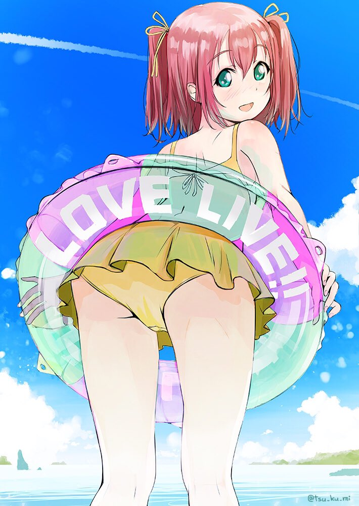 1girl ass bangs bikini bikini_skirt blue_sky clouds cloudy_sky commentary condensation_trail copyright_name crotch_seam day from_side green_eyes holding holding_innertube horizon innertube kurosawa_ruby leaning_forward looking_at_viewer looking_back love_live! love_live!_sunshine!! ocean open_mouth outdoors redhead sky smile solo standing swimsuit twitter_username two_side_up yellow_bikini yurikuta_tsukumi