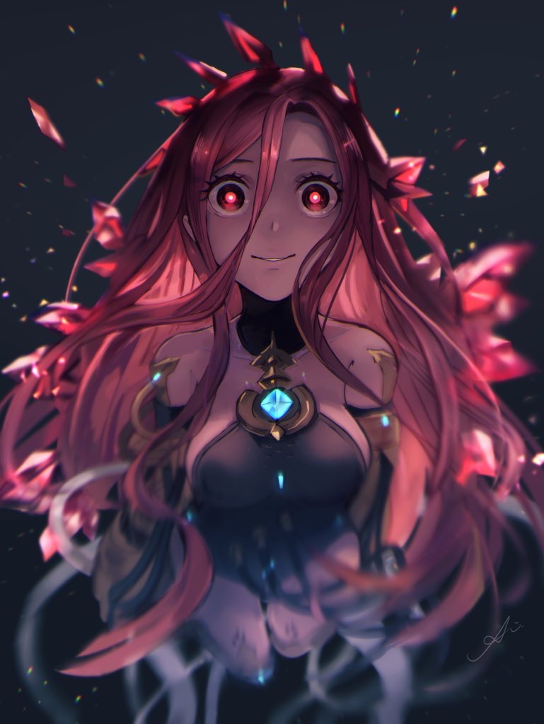 1girl bare_shoulders commentary crown dark empty_eyes forehead gem glowing glowing_eyes granblue_fantasy hair_between_eyes kidojiru leotard light_smile long_hair looking_at_viewer parted_lips red_eyes redhead solo wire yatima