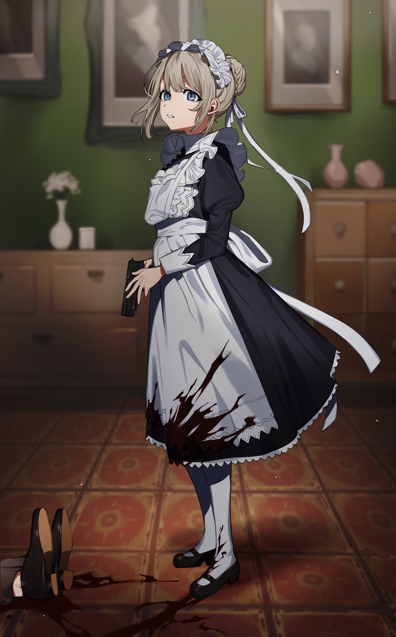 1boy 1girl alternate_costume alternate_hairstyle apron blonde_hair blood bloody_clothes blue_eyes braid braided_bun chest_of_drawers corpse dress dress_shoes enmaided flower frilled_dress frills full_body gun highres holding holding_gun holding_weapon idolmaster idolmaster_shiny_colors implied_murder indoors looking_at_viewer maid maid_apron maid_headdress mary_janes painting_(object) pantyhose serizawa_asahi shoes short_hair solo standing vase weapon yami_ga_fukami