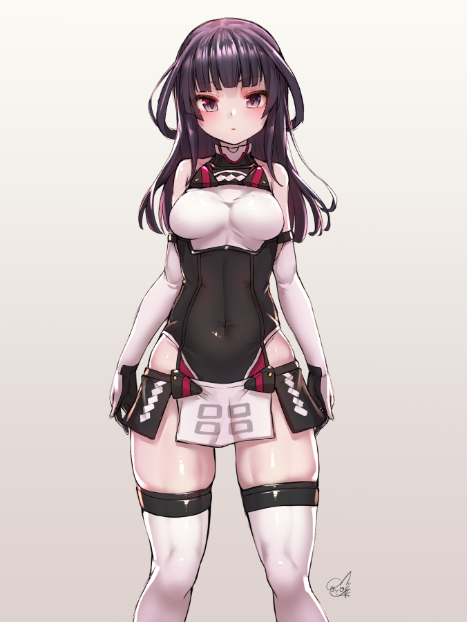 1girl agatsuma_kaede alice_gear_aegis bangs bare_shoulders black_eyes black_hair black_leotard blunt_bangs blush closed_mouth commentary_request covered_navel doyouwantto elbow_gloves gloves leotard pelvic_curtain signature simple_background skindentation solo white_legwear