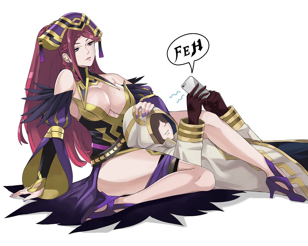 1boy 1girl bangs bare_shoulders breasts bridal_gauntlets fire_emblem fire_emblem_heroes hand_on_another's_head hat head_between_thighs high_heels j@ck kiran_(fire_emblem) large_breasts loki_(fire_emblem) long_hair looking_at_another purple_hair purple_nails thighs
