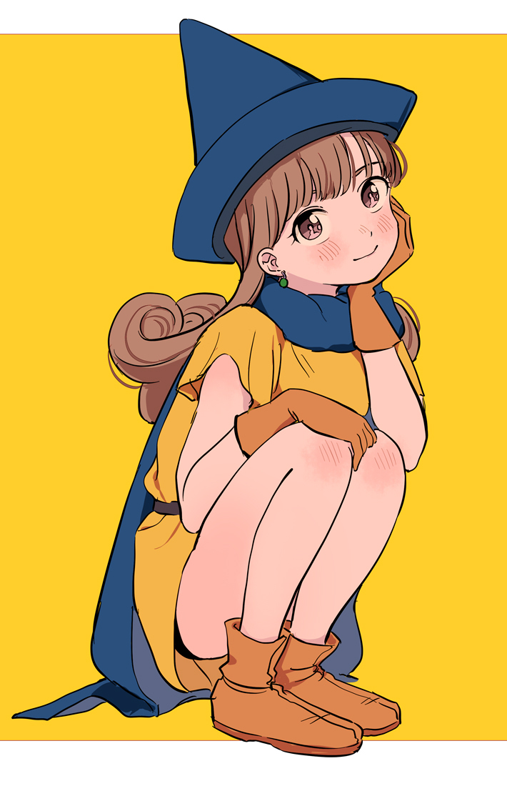 1girl alena_(dq4) blush boots brown_eyes brown_hair cape curly_hair dragon_quest dragon_quest_iv dress full_body gloves hat head_rest long_hair looking_at_viewer miyama_(kannsannn) simple_background smile solo squatting