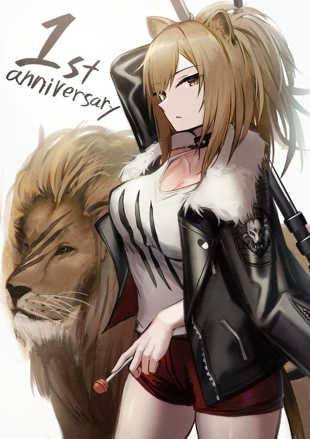 1girl animal_ears anniversary arknights bangs black_jacket brown_eyes brown_hair candy commentary cowboy_shot food fur-trimmed_jacket fur_trim highres holding holding_food jacket lion lion_ears lodbyy lollipop long_hair looking_at_viewer open_clothes open_jacket red_shorts short_shorts shorts siege_(arknights) solo standing tank_top white_tank_top