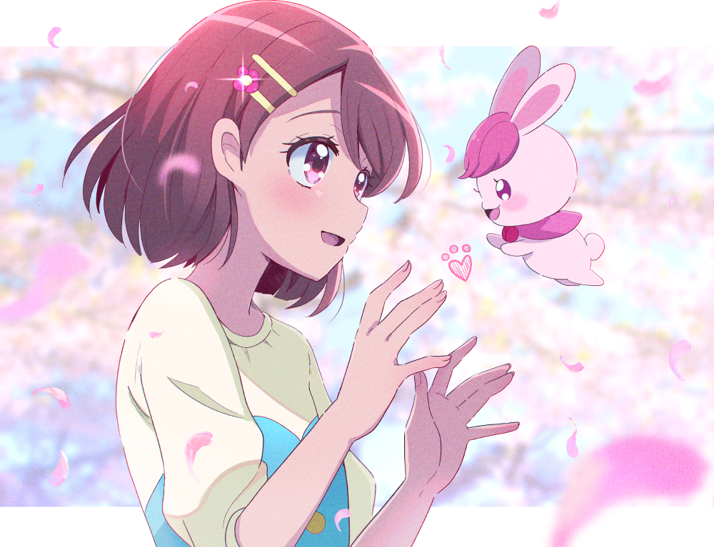 1girl :d asymmetrical_hair blue_shirt blurry blurry_background blush border brown_hair buttons cherry_blossoms depth_of_field floating_hair flower flower_(symbol) from_side hair_flower hair_ornament hanadera_nodoka hands_up healin'_good_precure healing_animal juugoya_neko letterboxed long_sleeves looking_at_another multicolored_shirt open_mouth outside_border paw_print petals pink_eyes precure rabbit rabirin_(precure) shirt short_hair sideways_mouth sleeves_pushed_up smile sparkle symbol_commentary two-tone_shirt upper_body white_border white_shirt wind