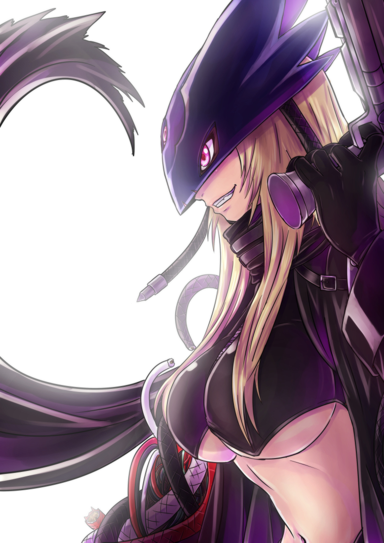 1girl backlighting beelstarmon black_gloves black_jacket blonde_hair breasts commentary cropped_jacket digimon from_side gloves grin gun hand_up holding holding_gun holding_weapon jacket konna-nani large_breasts leather leather_jacket long_hair long_sleeves looking_to_the_side mask navel pink_eyes simple_background smile solo stomach teeth third_eye under_boob upper_body weapon white_background