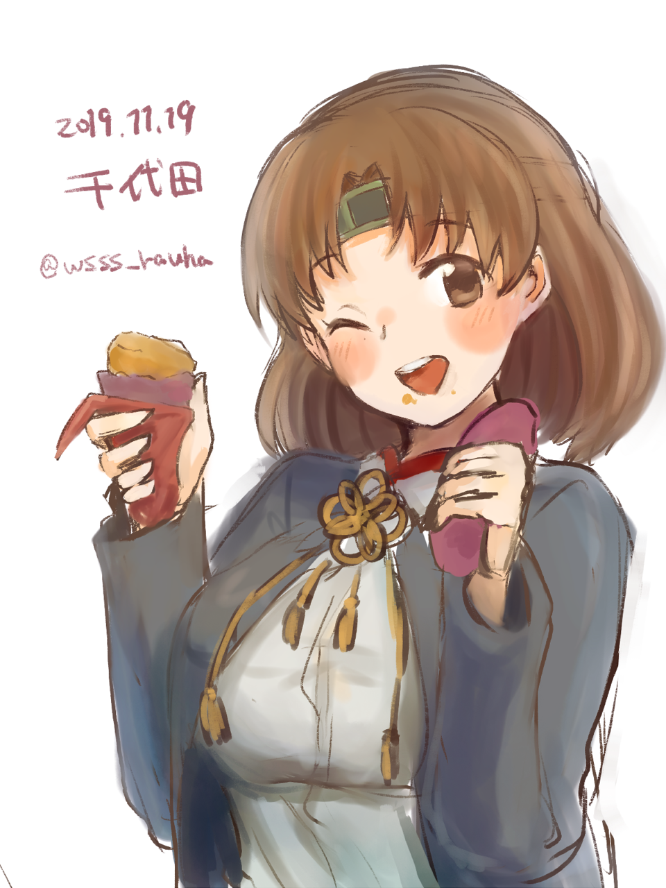 1girl blouse blush breasts brown_eyes brown_hair chiyoda_(kancolle) dated food headband highres holding holding_food jacket kantai_collection large_breasts medium_hair signature simple_background smile sweet_potato wss_(nicoseiga19993411)