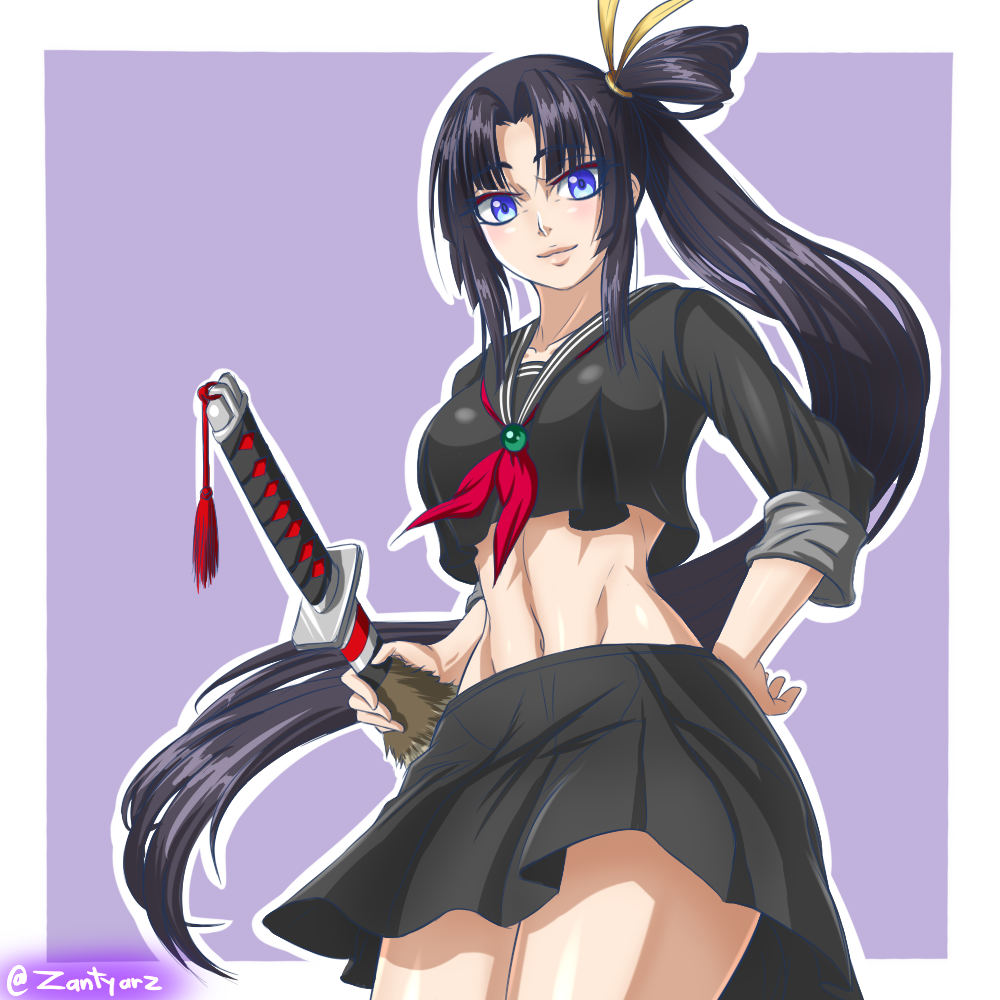 1girl bangs belly_button black_hair black_miniskirt black_serafuku black_shirt black_skirt blue_eyes border fate/grand_order fate_(series) hand_on_hip holding holding_sword holding_weapon katana long_hair looking_at_viewer midriff miniskirt parted_bangs pleated_miniskirt pleated_skirt purple_background red_eyeliner scabbard school_uniform serafuku sheath shirt side_ponytail skirt solo sword thighs thighs_together twitter_username ushiwakamaru_(fate) very_long_hair weapon white_border zantyarz