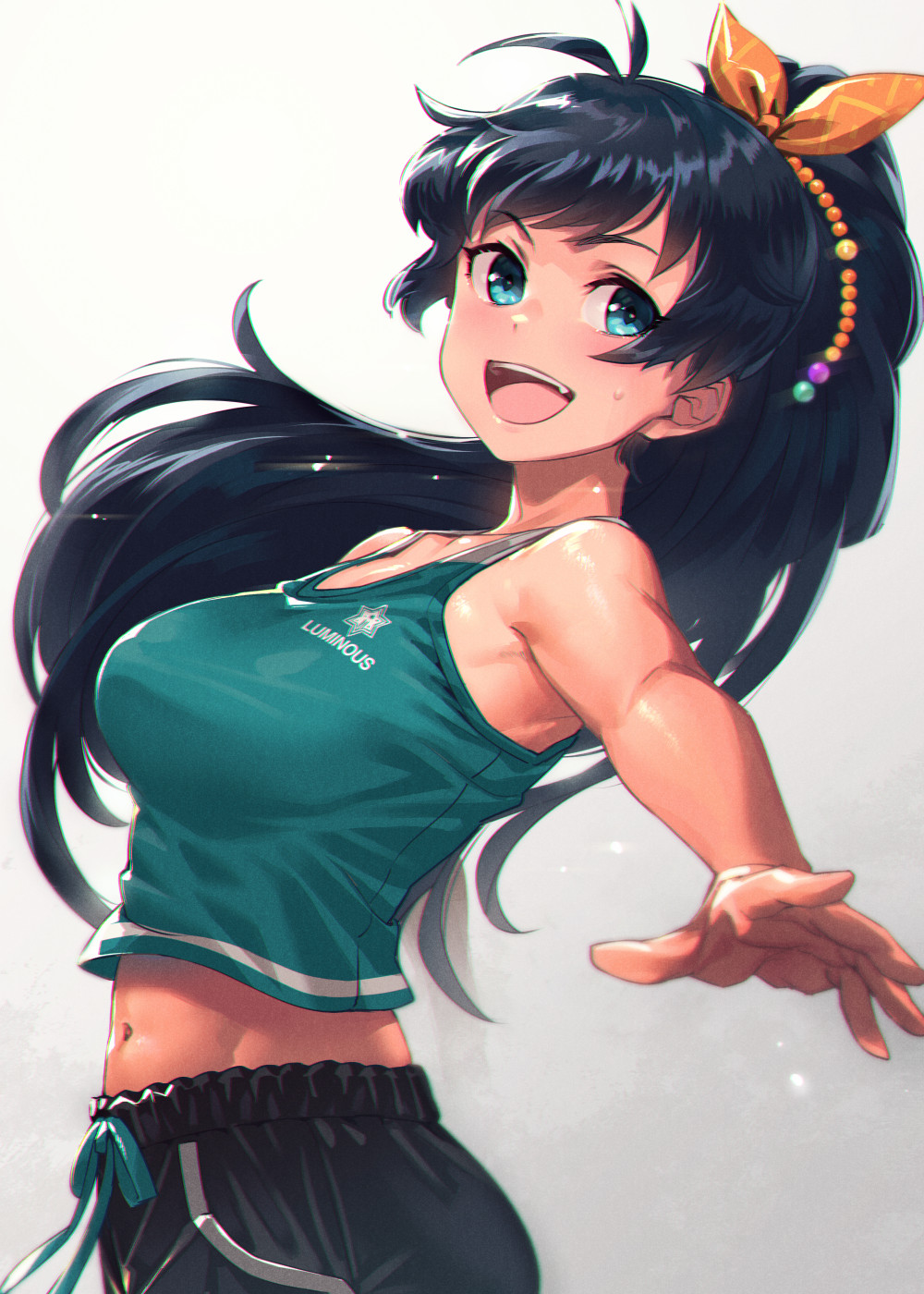 1girl :d antenna_hair aqua_eyes aqua_tank_top bangs bare_arms bare_shoulders black_hair black_pants bow breasts clothes_writing collarbone commentary_request crop_top eyebrows_visible_through_hair floating_hair ganaha_hibiki gradient gradient_background grey_background hair_bow hair_ornament high_ponytail highres idolmaster idolmaster_(classic) large_breasts long_hair looking_at_viewer midriff mikel_(4hands) navel open_mouth orange_bow outstretched_arm pants ponytail shiny shiny_hair shiny_skin smile solo standing stomach sweat tank_top upper_body upper_teeth