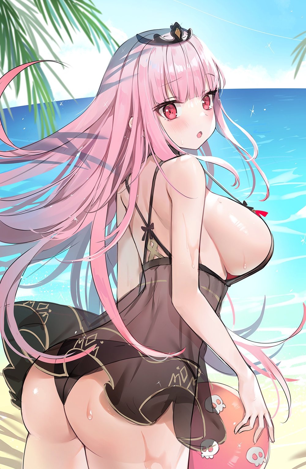 1girl arched_back ass ayamy babydoll ball bangs bare_shoulders beachball bikini black_bikini blunt_bangs breasts choker commentary day english_commentary eyebrows_visible_through_hair floating_hair from_behind highres holding holding_ball holding_beachball hololive hololive_english horizon large_breasts long_hair looking_at_viewer looking_back mori_calliope ocean outdoors palm_tree pink_eyes pink_hair raised_eyebrows see-through shiny shiny_hair shoulder_blades sideboob skull_print solo strap_gap swimsuit tiara tree virtual_youtuber water wet