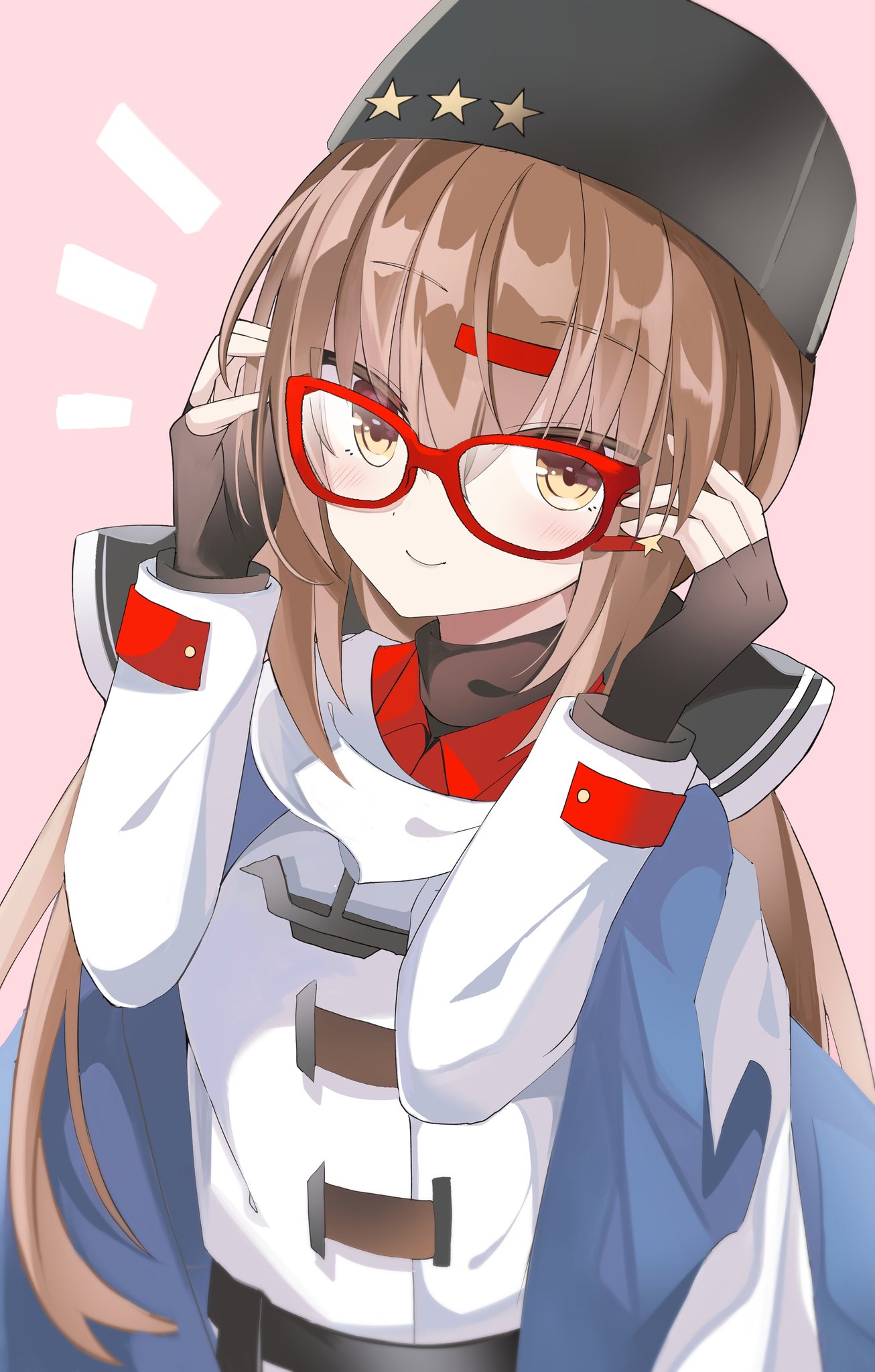 1girl ^^^ bespectacled black_bow black_gloves black_headwear blue_shawl bow brown_eyes brown_hair commentary_request fathom fingerless_gloves glasses gloves hair_bow highres jacket kantai_collection long_hair low_twintails papakha pink_background red-framed_eyewear scarf smile solo tashkent_(kancolle) torn_scarf twintails upper_body white_jacket white_scarf