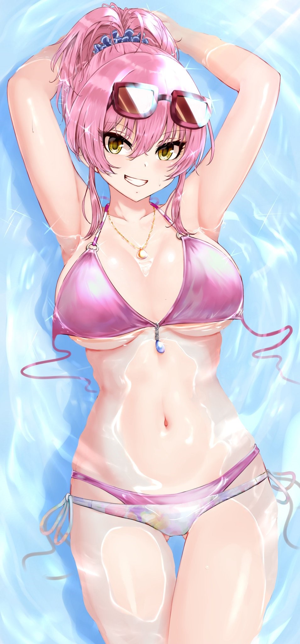 1girl armpits arms_up ass_visible_through_thighs bangs bare_arms bare_shoulders bikini blue_scrunchie breasts caustics commentary cowboy_shot crescent eyebrows_visible_through_hair eyewear_on_head from_above grin hair_between_eyes hair_ornament hair_scrunchie halterneck high_ponytail highres idolmaster idolmaster_cinderella_girls jewelry jougasaki_mika lamp_p9 large_breasts light_blush looking_at_viewer lowleg lying midriff multi-strapped_bikini navel necklace o-ring o-ring_bikini o-ring_top on_back own_hands_together partially_submerged pink_bikini pink_hair red-framed_eyewear red-tinted_eyewear scrunchie short_hair side-tie_bikini sidelocks smile solo sparkle string_bikini sunglasses swimsuit teeth thigh_gap tied_hair tsurime under_boob untied untied_bikini water yellow_eyes