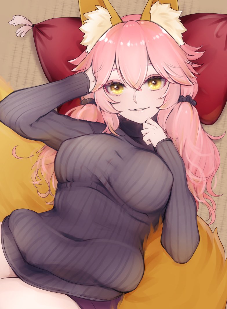 1girl animal_ear_fluff animal_ears breasts fate/extella fate/extra fate_(series) fox_ears fox_girl fox_tail hand_in_hair large_breasts lying pillow pink_hair short_shorts shorts smile solo tail tamamo_(fate)_(all) tamamo_no_mae_(fate) twintails uminosobadashi yellow_eyes