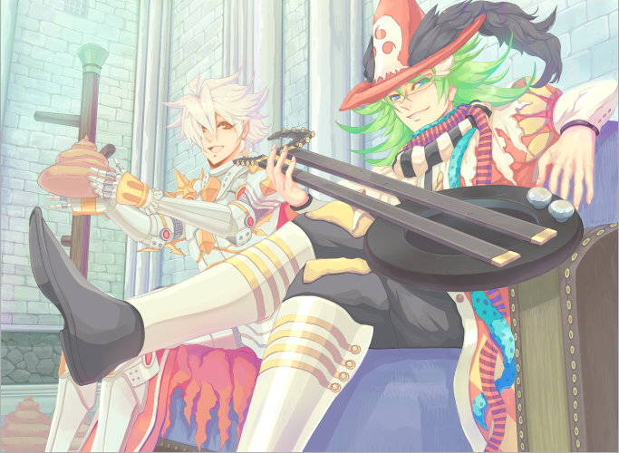 2boys armor bangs bench black_footwear black_pants breastplate brick_wall coat commentary_request crossed_legs feet_out_of_frame garter_straps glasses green_eyes green_hair grin hair_between_eyes hair_over_one_eye hat_feather holding instrument looking_at_viewer lute_(instrument) maestro_(ragnarok_online) medium_hair multiple_boys open_mouth pants pauldrons poop q_qree ragnarok_online red_coat red_eyes rune_knight_(ragnarok_online) scarf shirt shoes short_hair shoulder_armor sitting smile spiked_pauldrons striped striped_scarf white_hair white_shirt