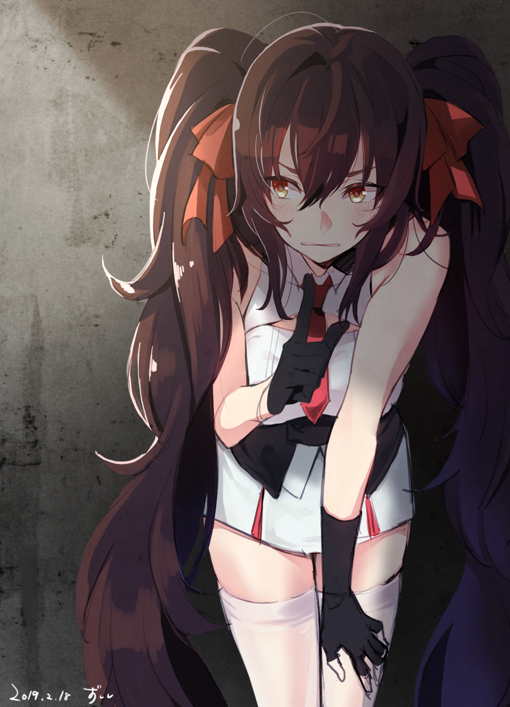 1girl bangs black_gloves blush breasts brown_eyes commentary_request concrete dated finger_to_mouth fingerless_gloves girls_frontline gloves hair_between_eyes hair_ribbon highres leaning_forward long_hair looking_to_the_side necktie qbz-97_(girls_frontline) red_neckwear ribbon ripod shadow shirt shushing skirt sleeveless sleeveless_shirt solo thigh-highs twintails very_long_hair white_legwear yellow_eyes