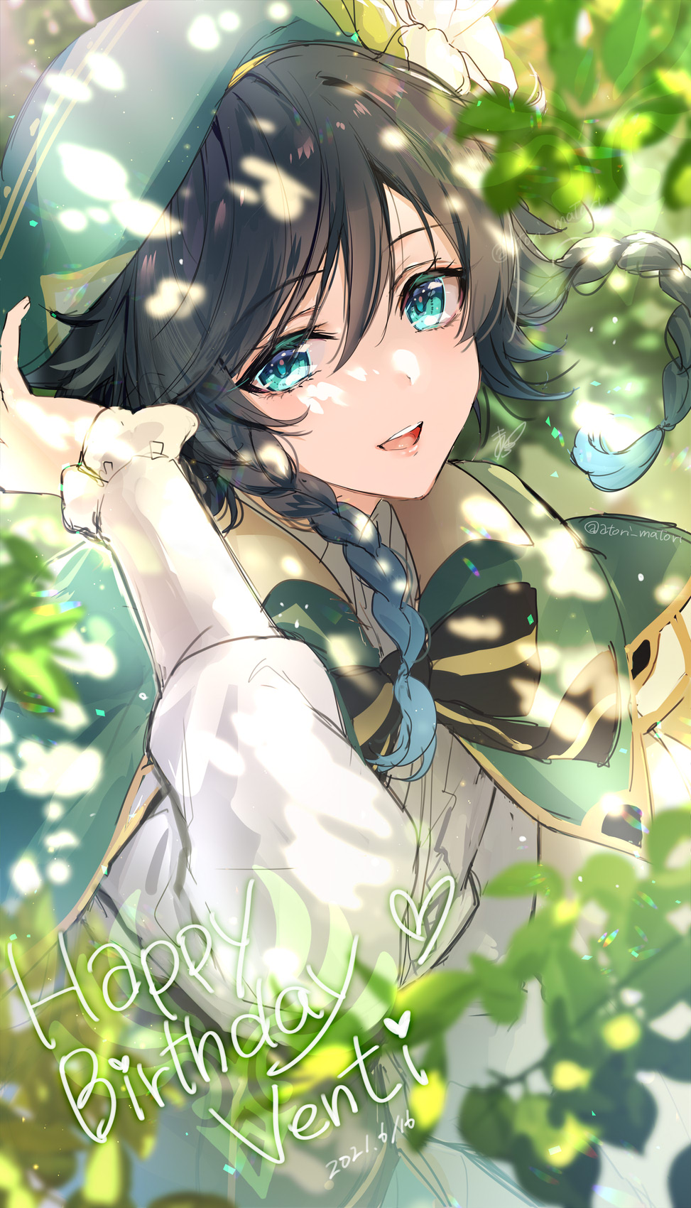 1boy androgynous bangs beret black_hair blue_hair bow braid cape character_name collared_cape collared_shirt commentary_request dappled_sunlight dated english_text eyebrows_visible_through_hair flower frilled_sleeves frills genshin_impact gradient_hair green_eyes green_headwear hair_flower hair_ornament hand_on_own_head happy_birthday hat heart highres leaf long_sleeves looking_at_viewer male_focus matori_(penguin_batake) multicolored_hair open_mouth shirt short_hair_with_long_locks signature smile solo sunlight symbol_commentary twin_braids twitter_username venti_(genshin_impact) white_flower white_shirt