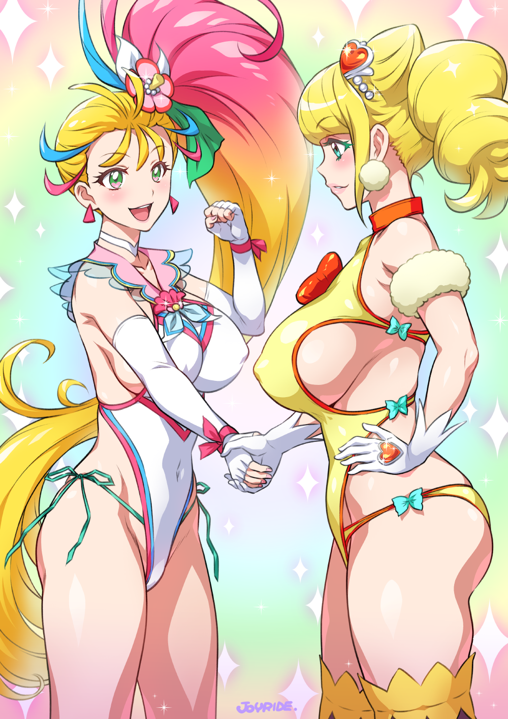 2girls :d ass bangs bare_shoulders blonde_hair blush breasts clenched_hand covered_navel covered_nipples cure_sparkle cure_summer earrings elbow_gloves eyebrows_visible_through_hair fingerless_gloves gloves green_eyes hand_on_hip handshake healin'_good_precure highres hiramitsu_hinata jewelry joy_ride leotard long_hair multiple_girls natsuumi_manatsu open_mouth pink_hair precure side_ponytail smile tears thigh-highs tropical-rouge!_precure very_long_hair white_gloves