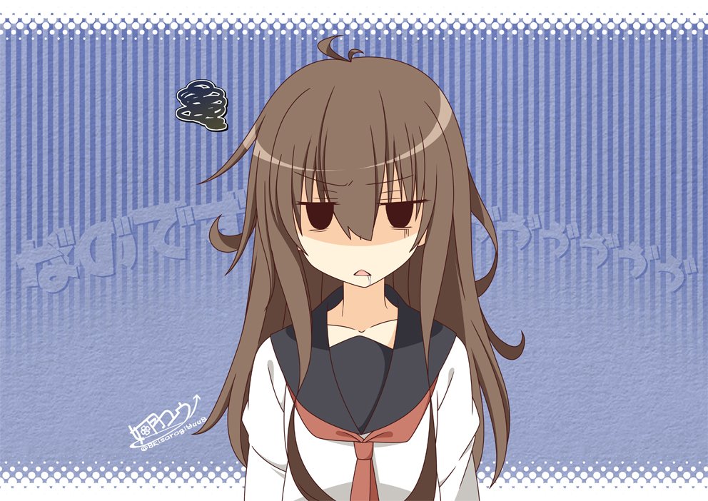 1girl alternate_hairstyle black_sailor_collar brown_hair commentary_request drooling hair_down inazuma_(kancolle) kantai_collection kisaragi_yuu_(re:lucks) long_hair looking_at_viewer nanodesu_(phrase) neckerchief red_neckwear sailor_collar saliva signature solid_eyes solo squiggle twitter_username upper_body