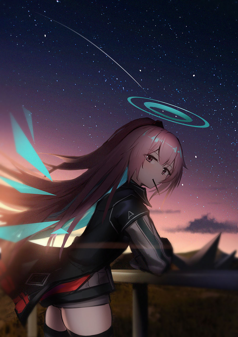 1girl ambriel_(arknights) arknights bangs black_jacket black_legwear commentary_request cowboy_shot highres jacket lodbyy long_hair looking_at_viewer mouth_hold night night_sky outdoors pink_hair sky solo standing star_(sky) starry_sky thigh-highs thighs violet_eyes