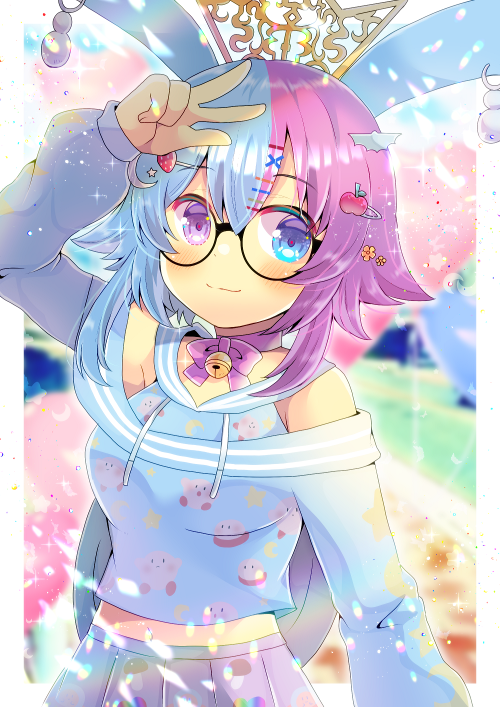 1girl animal_ears apple_hair_ornament arm_up bare_shoulders bell belle_sprout blue_eyes blue_hair blue_shirt bow choker closed_mouth crescent crescent_hair_ornament crop_top ear_piercing flower food_themed_hair_ornament hair_flower hair_ornament hairclip indie_virtual_youtuber jingle_bell kouu_hiyoyo long_sleeves looking_at_viewer midriff multicolored_hair navel off-shoulder_shirt off_shoulder piercing pink_bow pink_choker pleated_skirt puffy_long_sleeves puffy_sleeves purple_hair purple_skirt shirt skirt sleeves_past_wrists smile solo star_(symbol) star_hair_ornament strawberry_hair_ornament two-tone_hair violet_eyes virtual_youtuber w x_hair_ornament yellow_flower